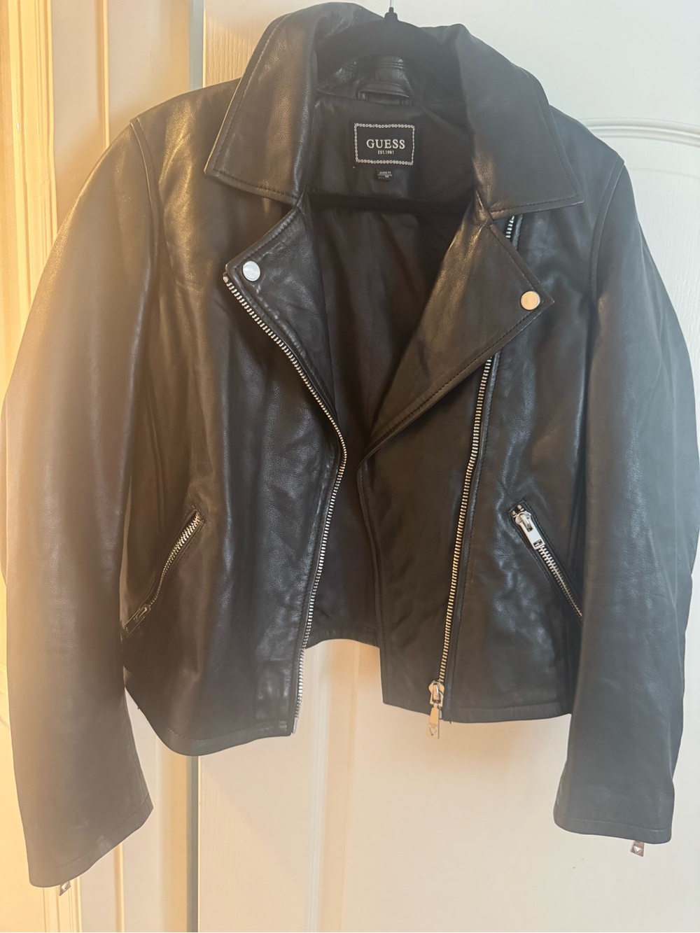 GUESS Black Leather Asymmetrical Moto Jacket with Silver Zippers